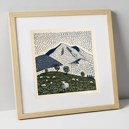Skiddaw with Grazing Flock lake district fell art print in natural frame