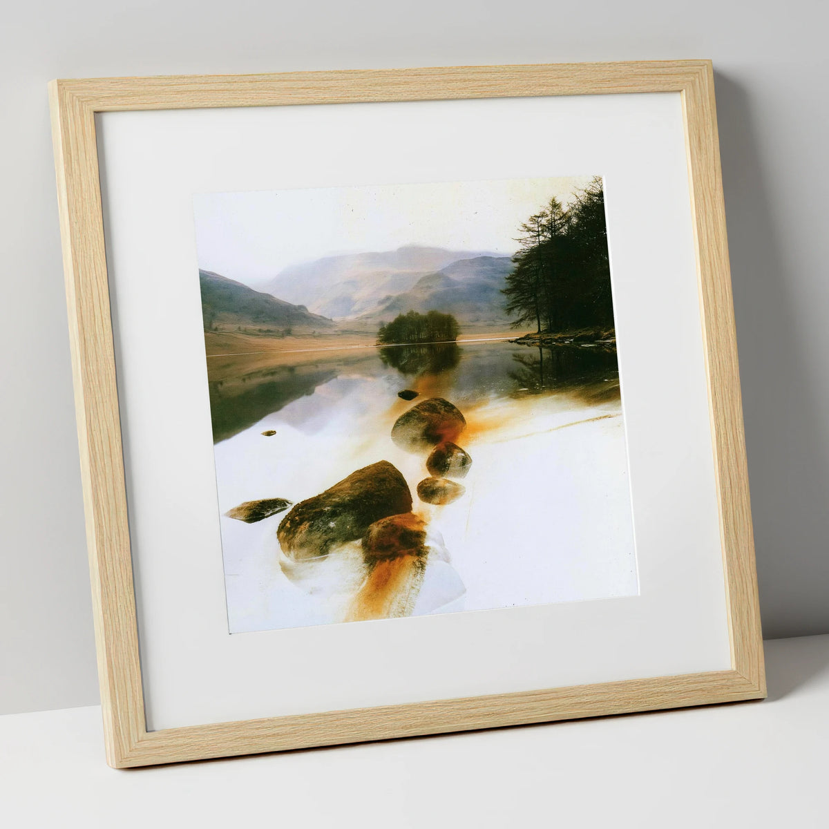Copper Shallows at Rydal Water lake district lake art print in natural frame