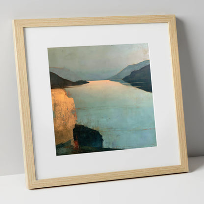 Distant Golden Light on Ullswater lake district lake art print in natural frame