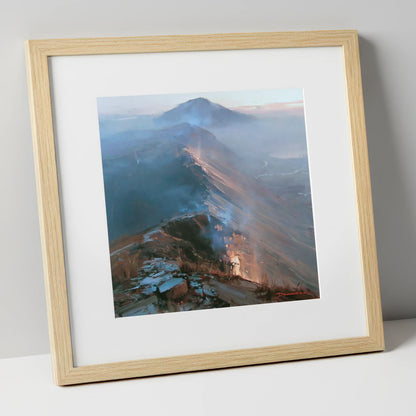 Golden Light on Mountain Ridge lake district fell art print in natural frame