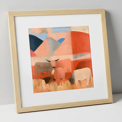 Highland Cattle and Terracotta Fells lake district wildlife art print in natural frame