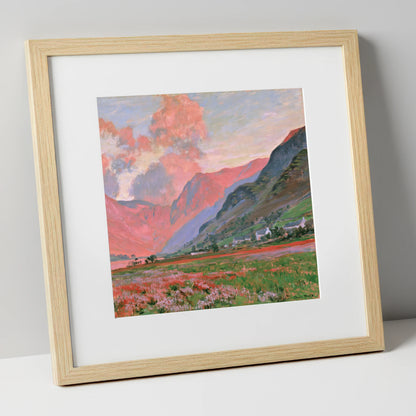 Radiant Pink Sunset Over Fells lake district fell art print in natural frame