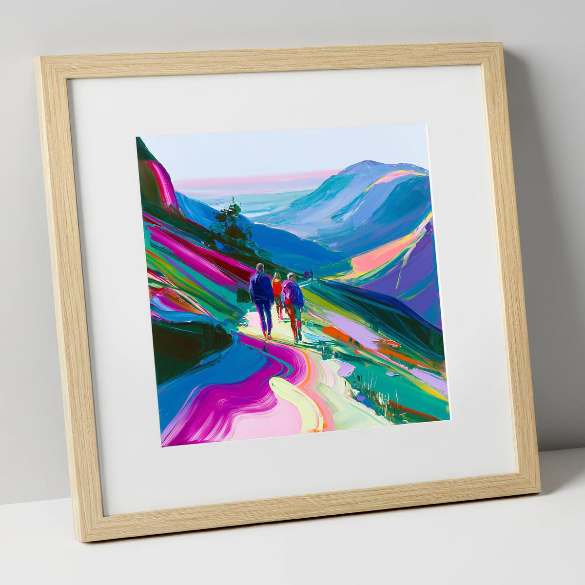 Vivid Walkers on a Mountain Path lake district walking art print in natural frame