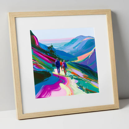 Vivid Walkers on a Mountain Path lake district walking art print in natural frame