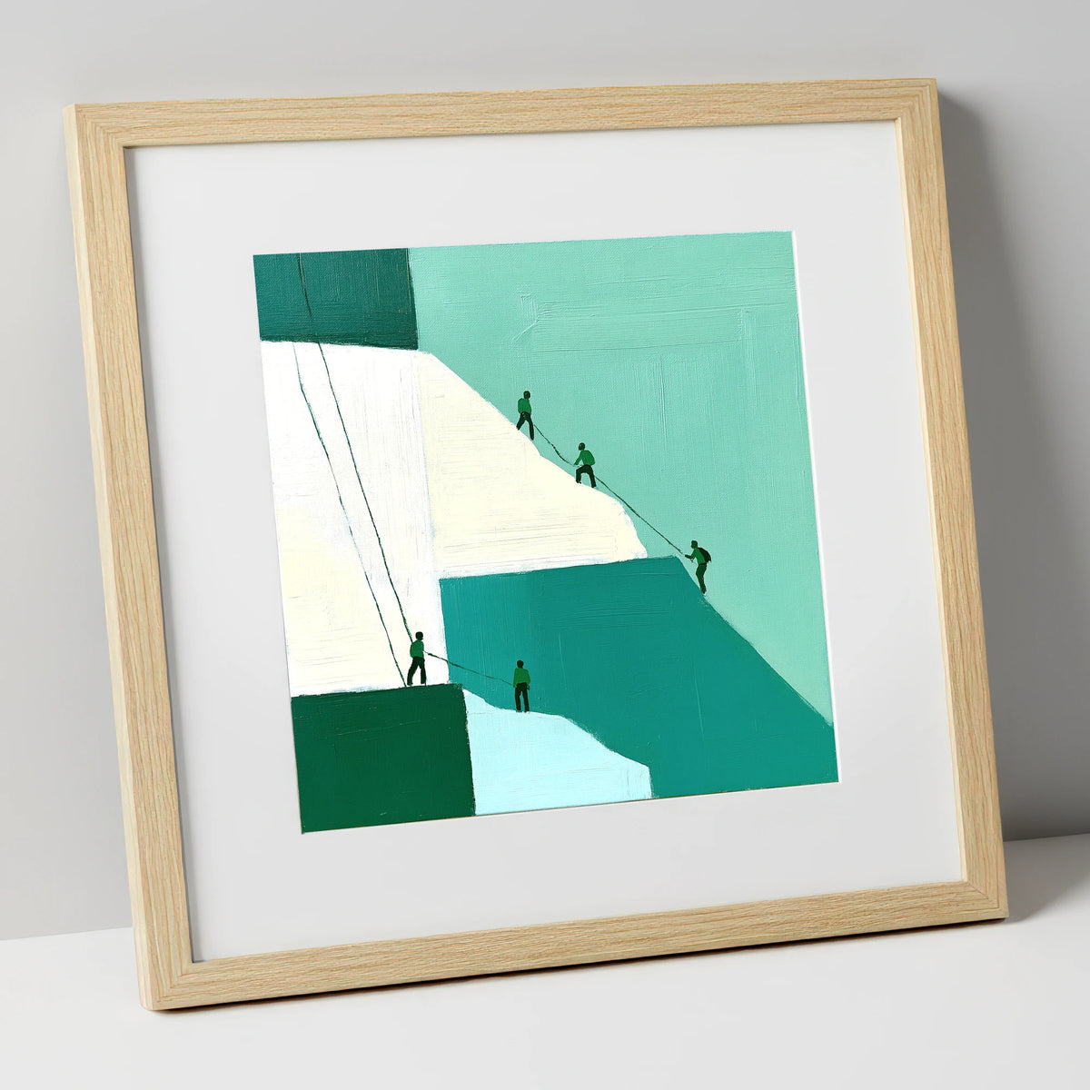 Climbers on a Teal Crag lake district walking art print in natural frame