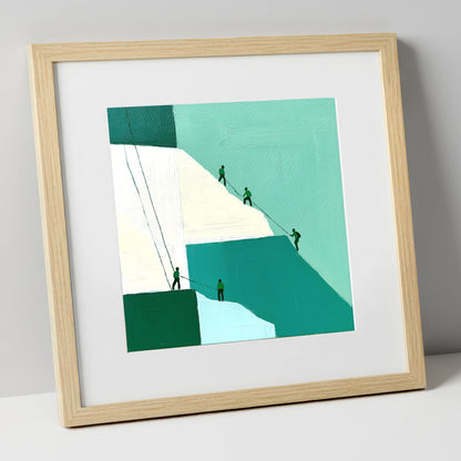 Climbers on a Teal Crag lake district walking art print in natural frame