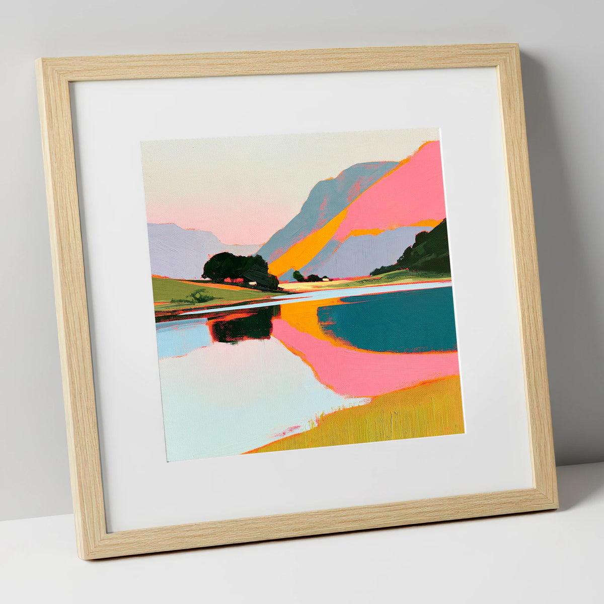 Vibrant Pink Lake At Dawn lake district lake art print in natural frame