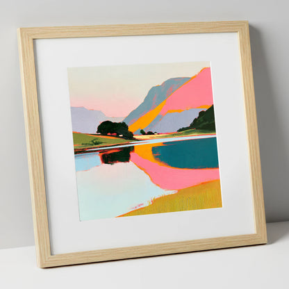 Vibrant Pink Lake At Dawn lake district lake art print in natural frame