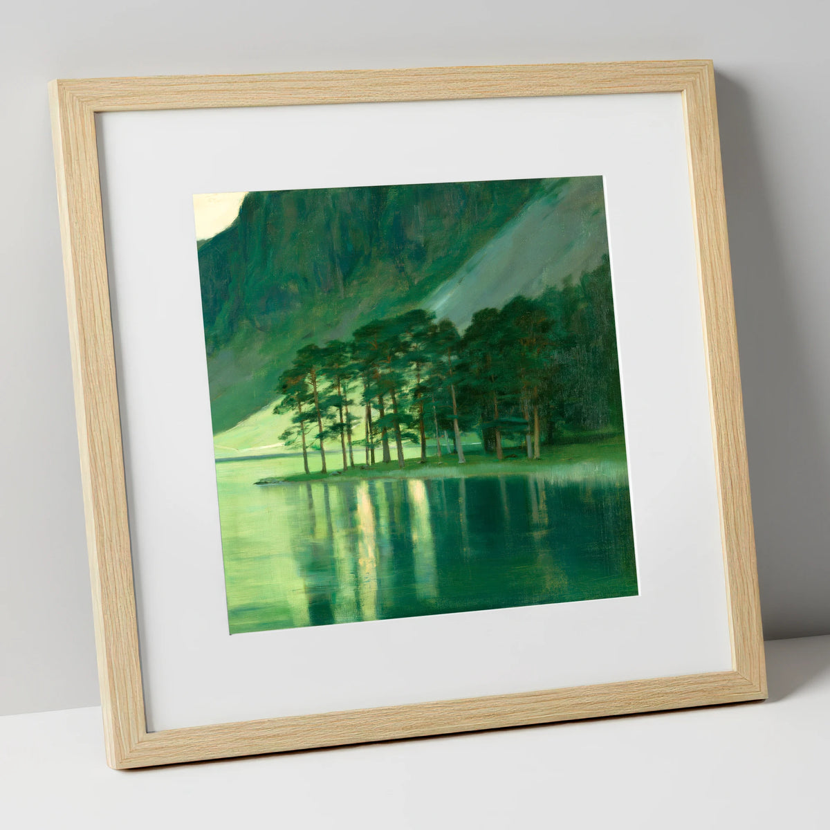 Buttermere Pines in Emerald Light lake district lake art print in natural frame
