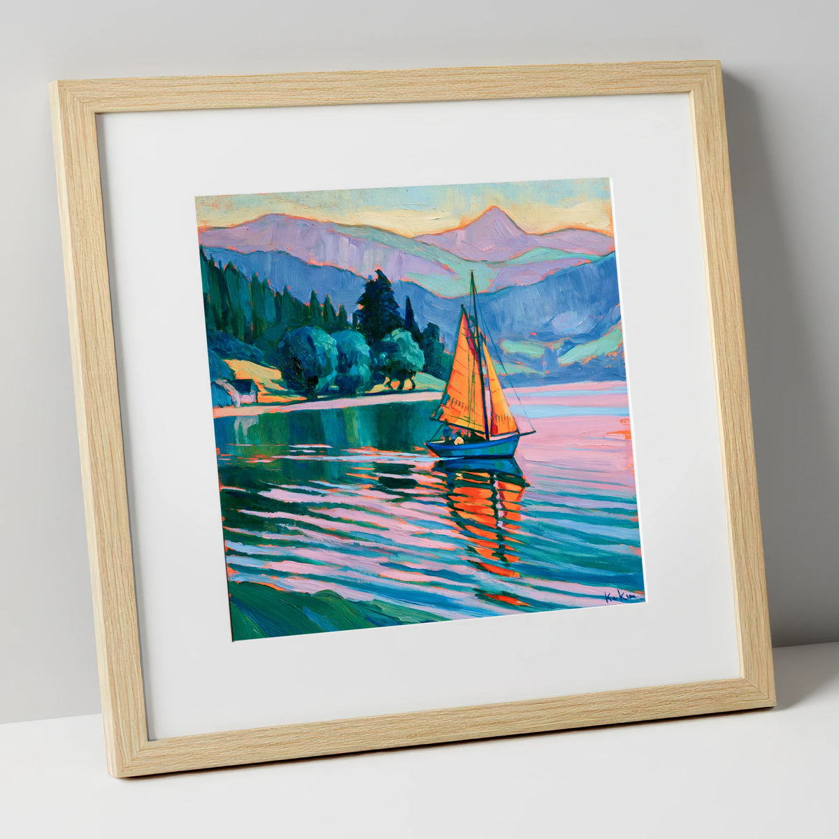 Orange Sails Below the Fells lake district walking art print in natural frame