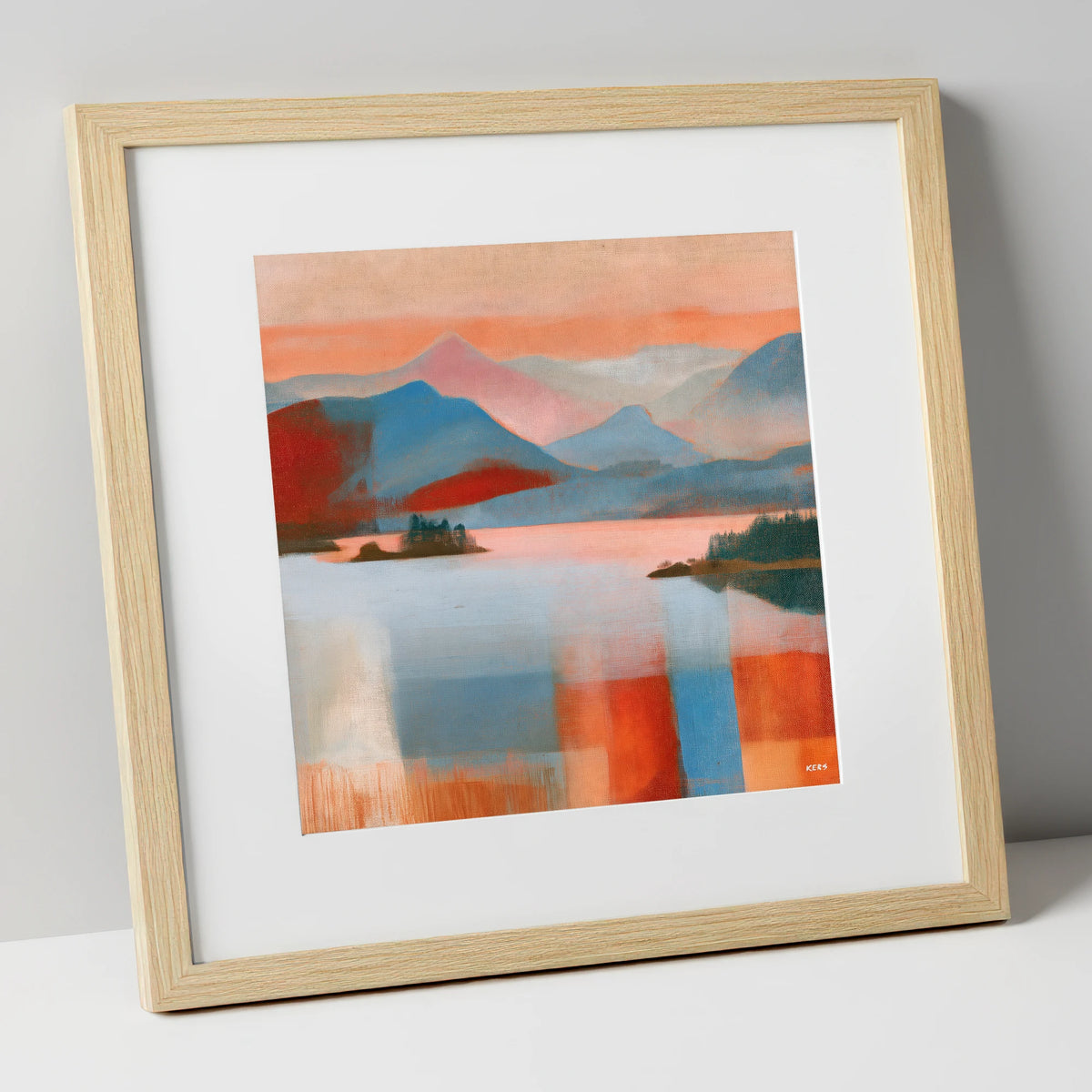 Abstract Derwentwater and Catbells Sunset lake district lake art print in natural frame