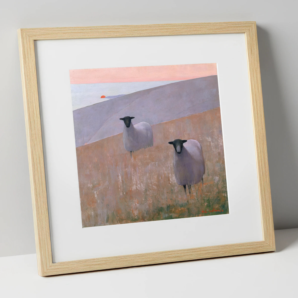 Herdwick Sheep on Lavender Fells lake district wildlife art print in natural frame