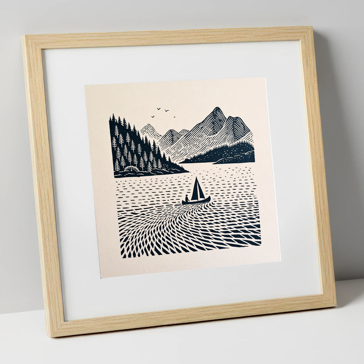 Dark Navy Derwentwater Sailing Scene lake district lake art print in natural frame