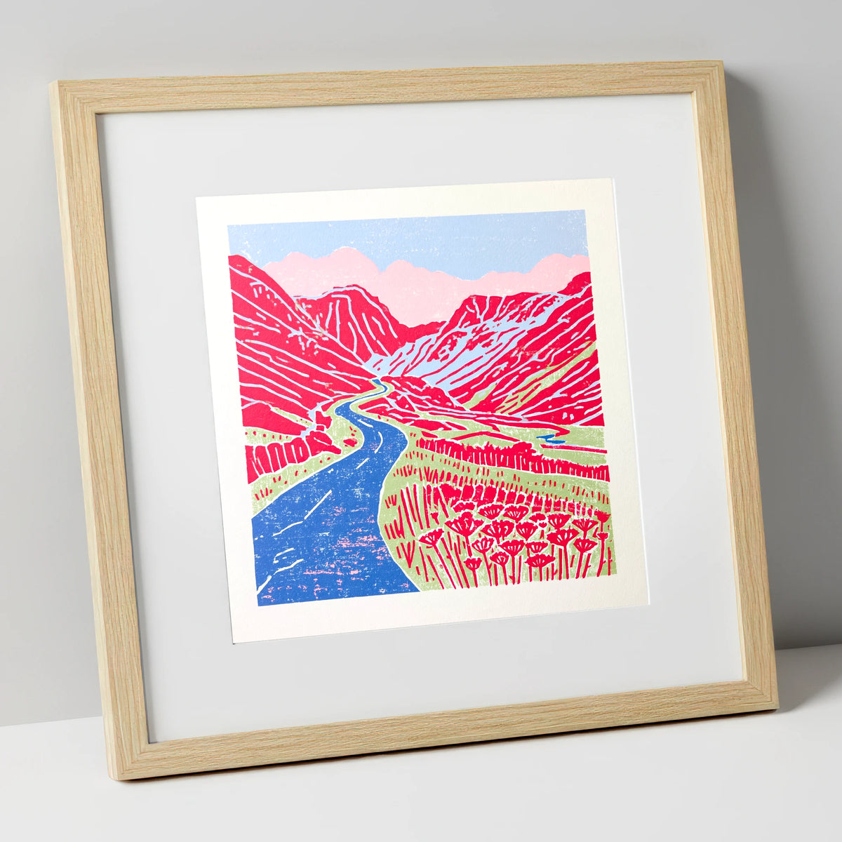 Red Fells Over Hardknott Pass lake district valley art print in natural frame
