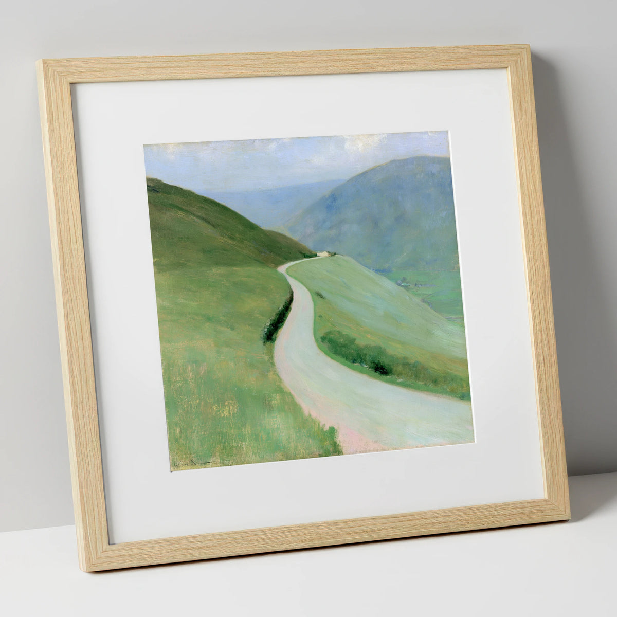 Winding Pass in Soft Greens lake district valley art print in natural frame