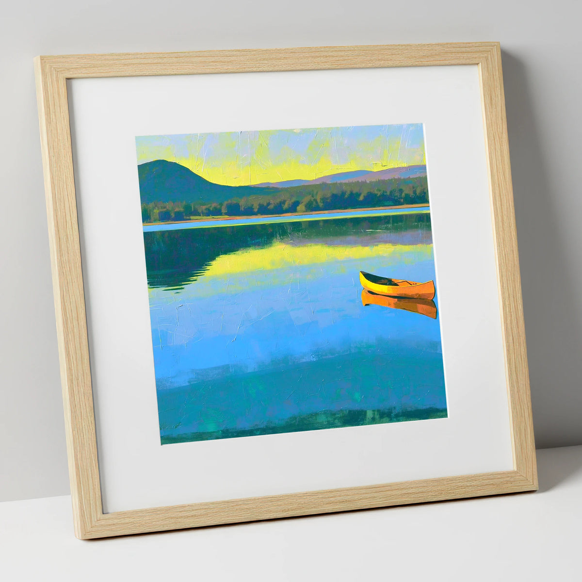 Bold Yellow Canoe on Windermere lake district lake art print in natural frame