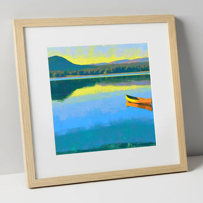Bold Yellow Canoe on Windermere lake district lake art print in natural frame
