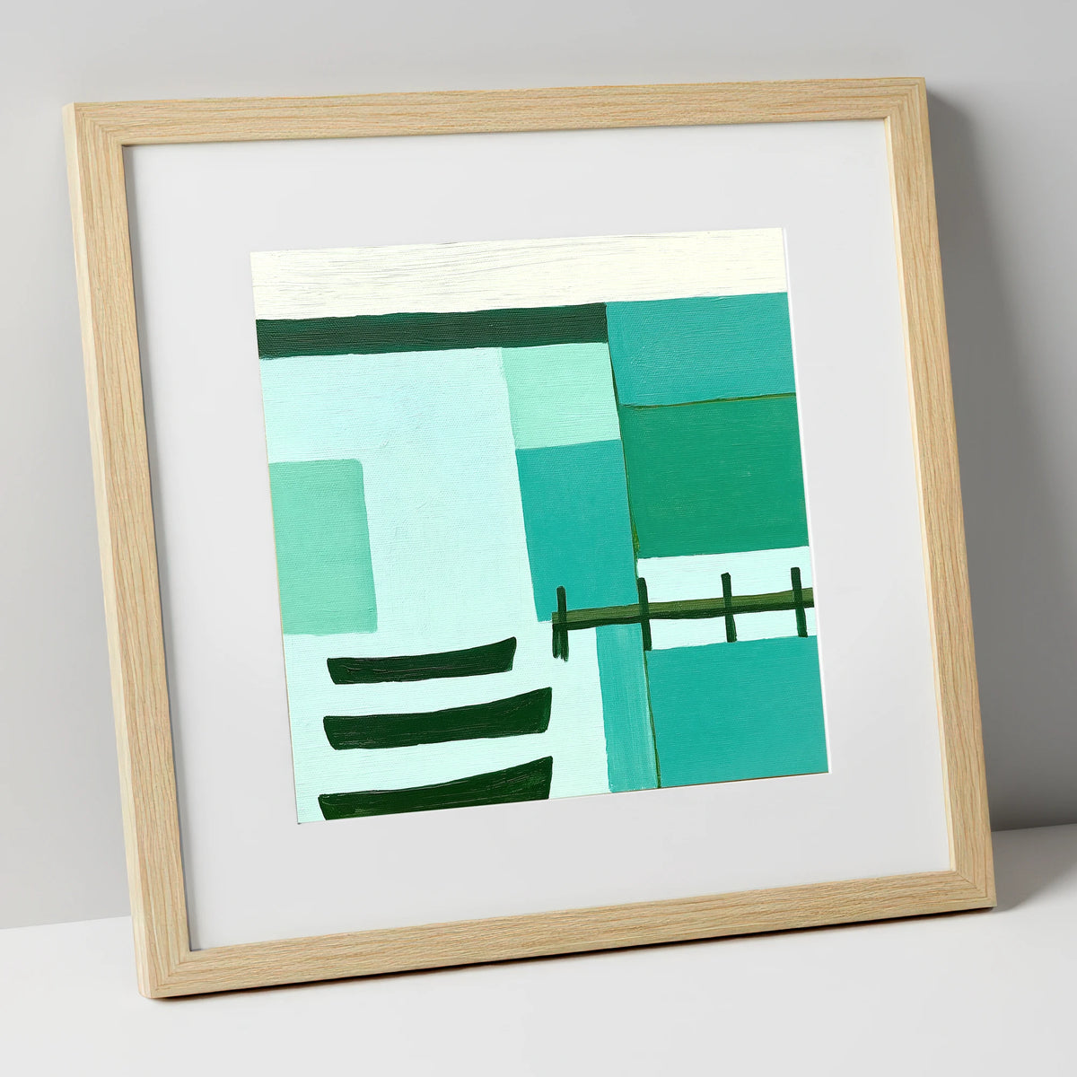 Abstract Teal Windermere Boats lake district lake art print in natural frame