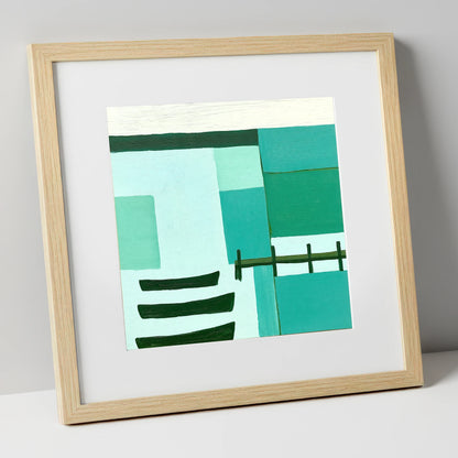 Abstract Teal Windermere Boats lake district lake art print in natural frame