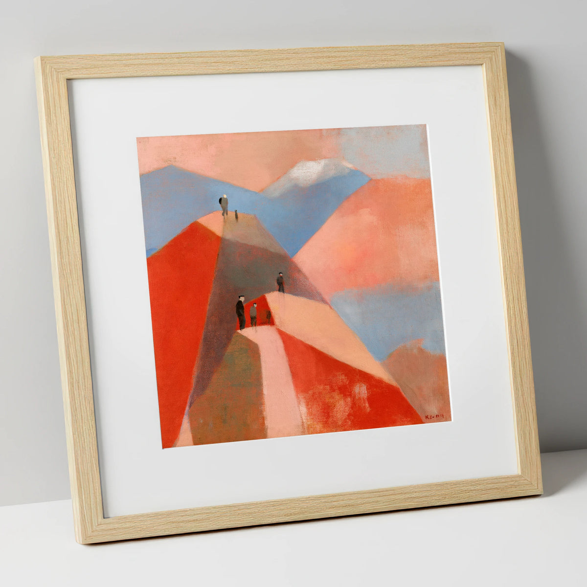 Hikers on Terracotta Fell Top lake district fell art print in natural frame