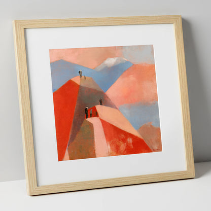 Hikers on Terracotta Fell Top lake district fell art print in natural frame
