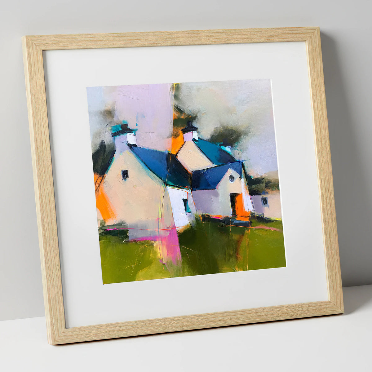 Colourful Slate Roofed Cottages lake district village art print in natural frame