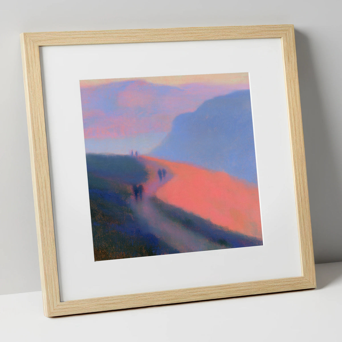 Twilight Walkers on a Fell Path lake district walking art print in natural frame