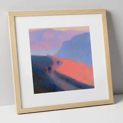 Twilight Walkers on a Fell Path lake district walking art print in natural frame