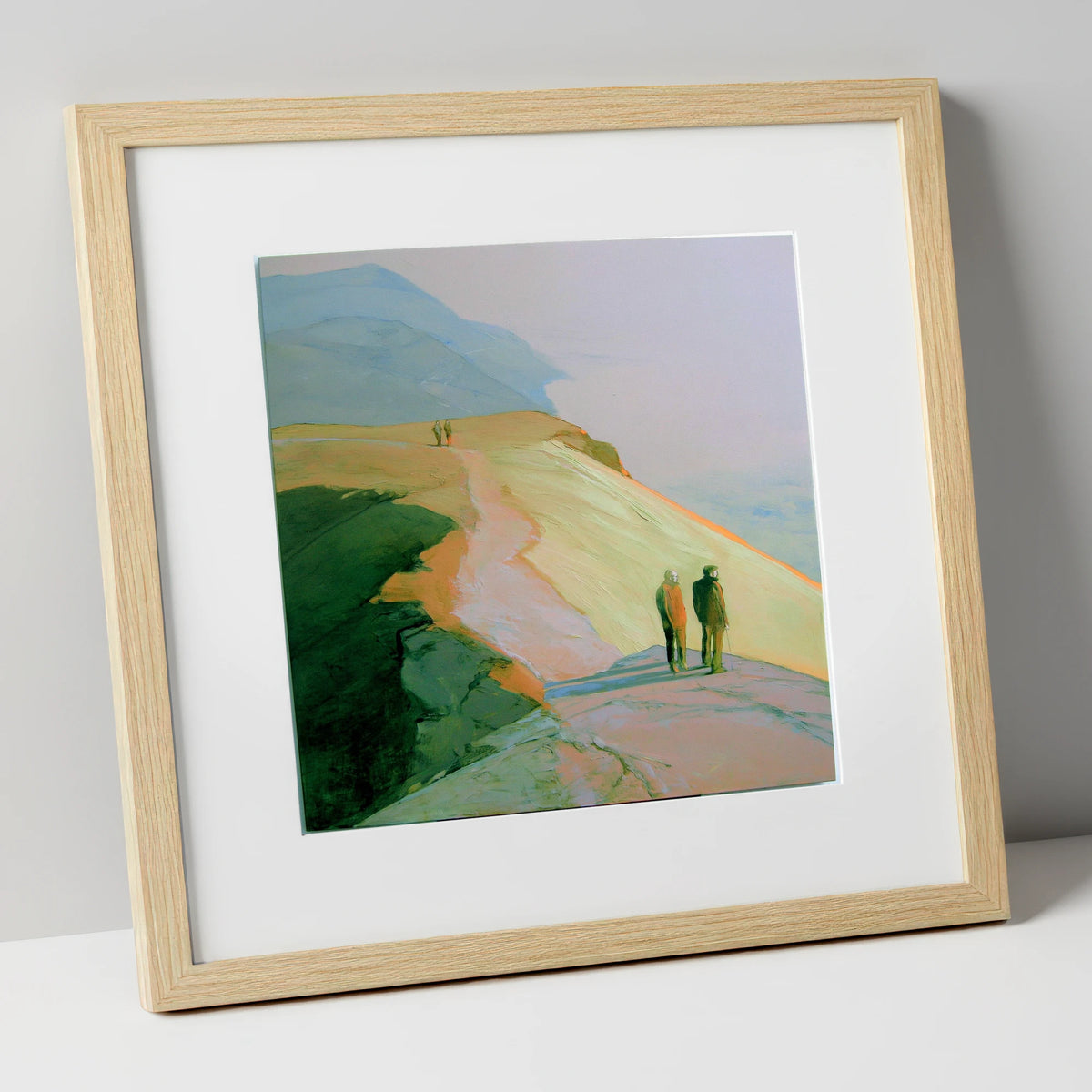 Hikers on a Golden Fell lake district fell art print in natural frame