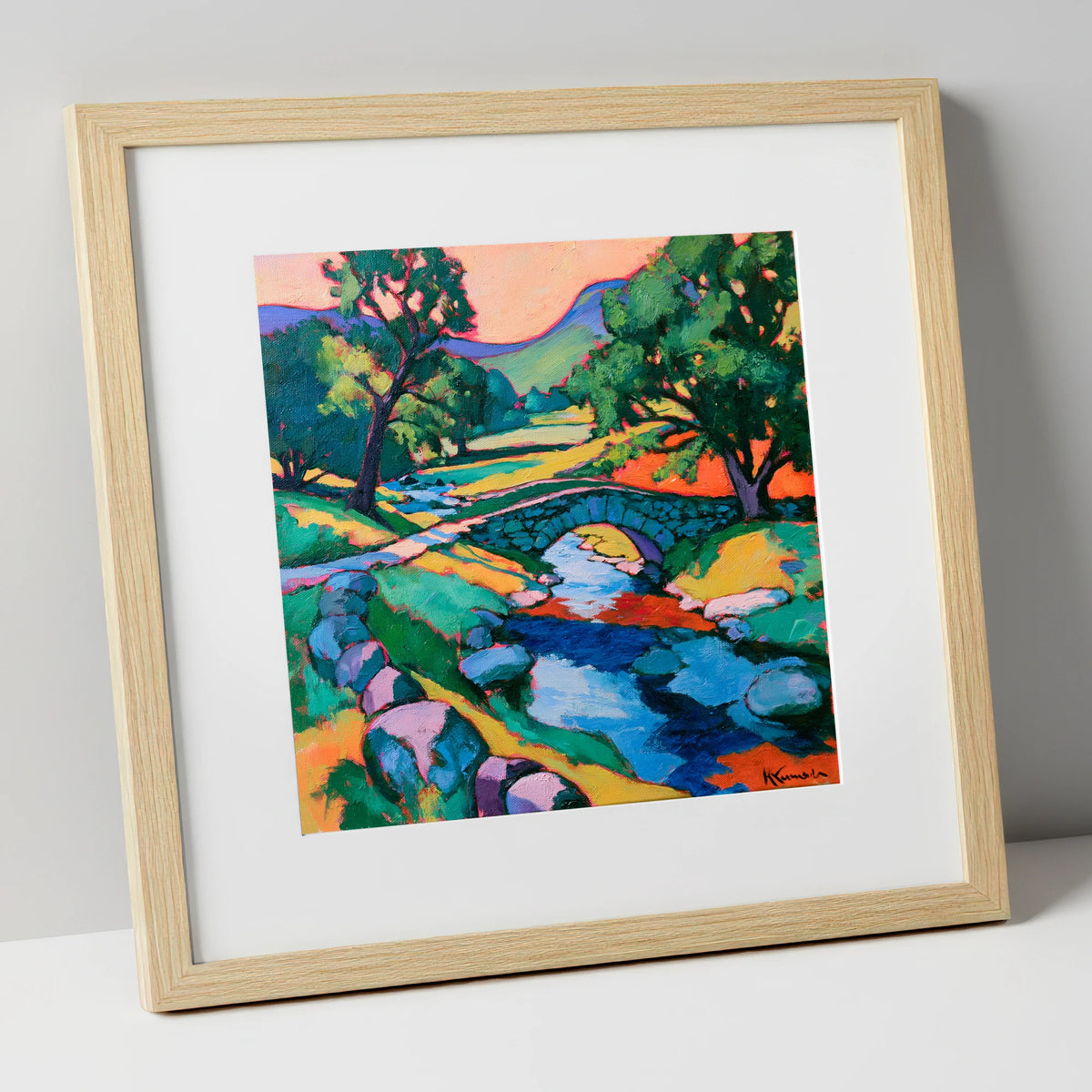 Saturated Sunset at the Stone Bridge lake district waterfall art print in natural frame