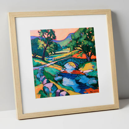 Saturated Sunset at the Stone Bridge lake district waterfall art print in natural frame
