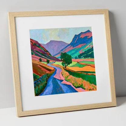 Winding Road Through Vibrant Fells lake district valley art print in natural frame