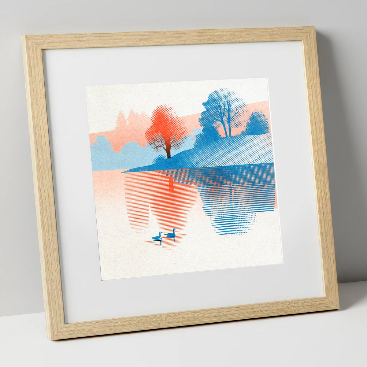 Still Lake at Coral Dawn lake district lake art print in natural frame
