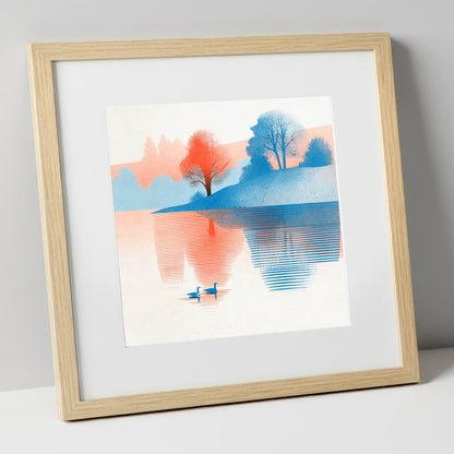 Still Lake at Coral Dawn lake district lake art print in natural frame