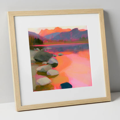 Elterwater Rocks in Fiery Light lake district lake art print in natural frame