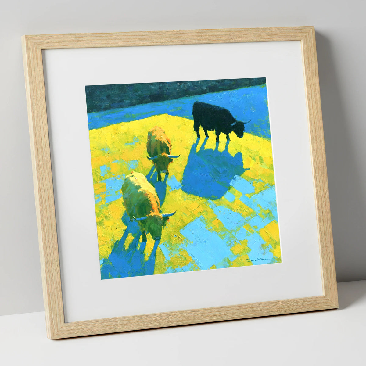 Vibrant Highland Cattle in Summer Light lake district wildlife art print in natural frame