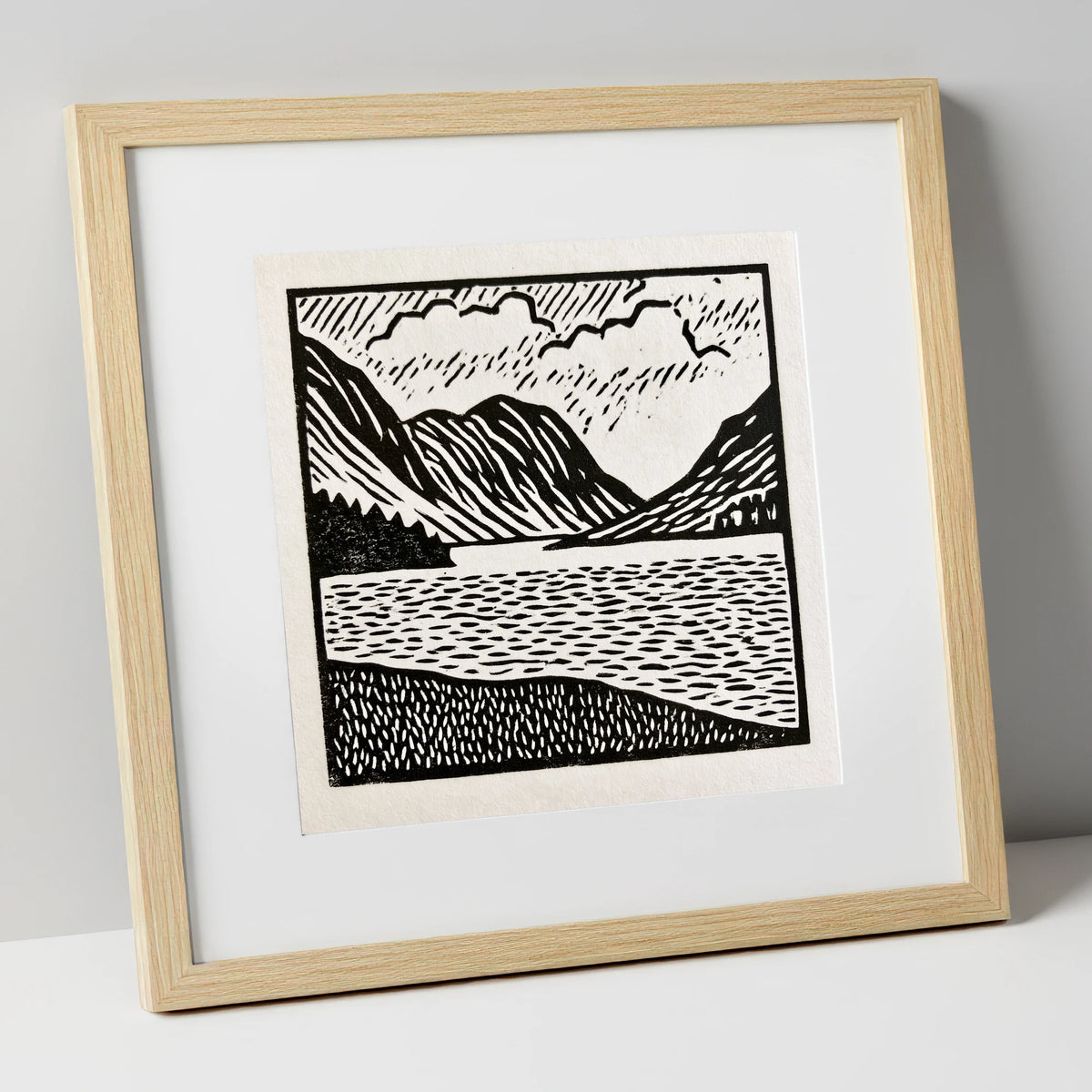 Monochrome Crummock Water Landscape lake district lake art print in natural frame