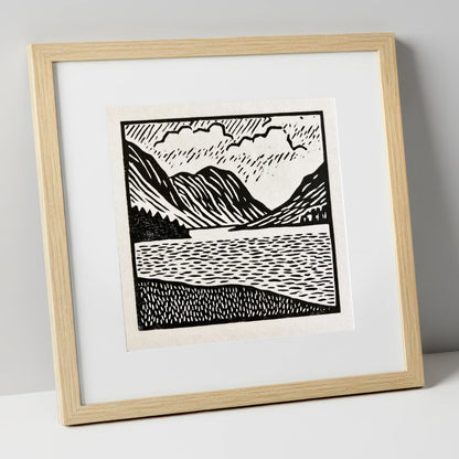 Monochrome Crummock Water Landscape lake district lake art print in natural frame