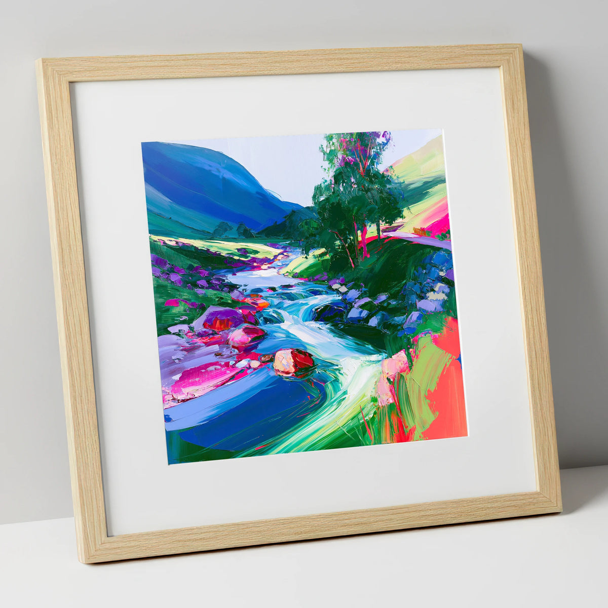 Electric Blue Rushing Fellside Beck lake district waterfall art print in natural frame