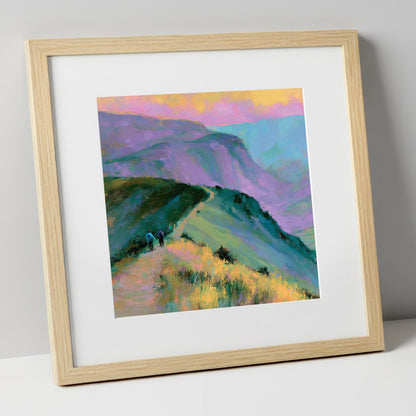 Fell Walkers in Pastel Light lake district walking art print in natural frame