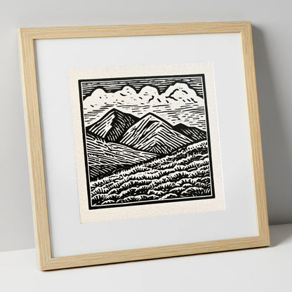 Monochrome Rolling Fells Under Cloud lake district fell art print in natural frame