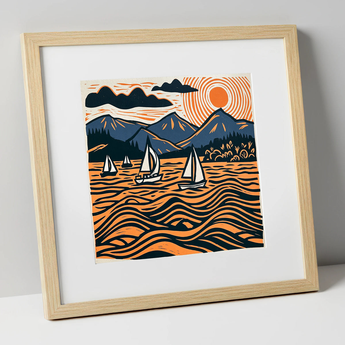 Derwentwater Sailboats Under Radiating Sun lake district lake art print in natural frame