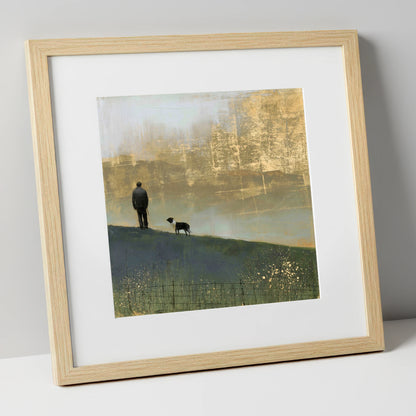 Shepherd and Dog in Golden Mist lake district wildlife art print in natural frame