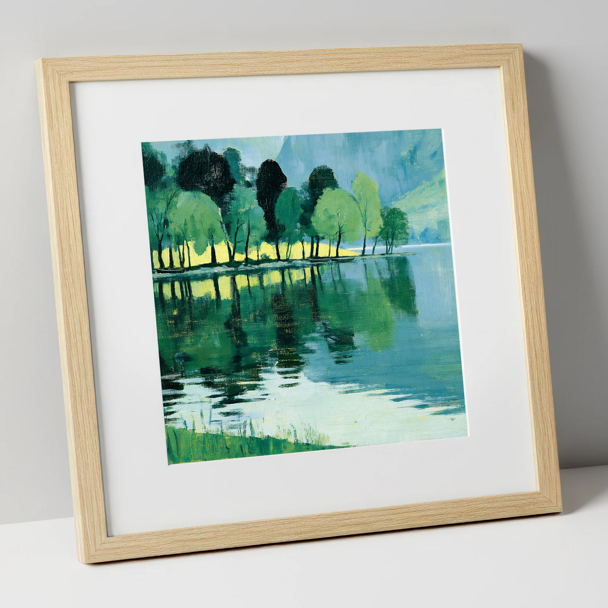 Still Lake Reflections at Dawn lake district lake art print in natural frame