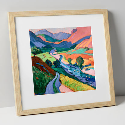 Meandering River Among Bold Fells lake district waterfall art print in natural frame