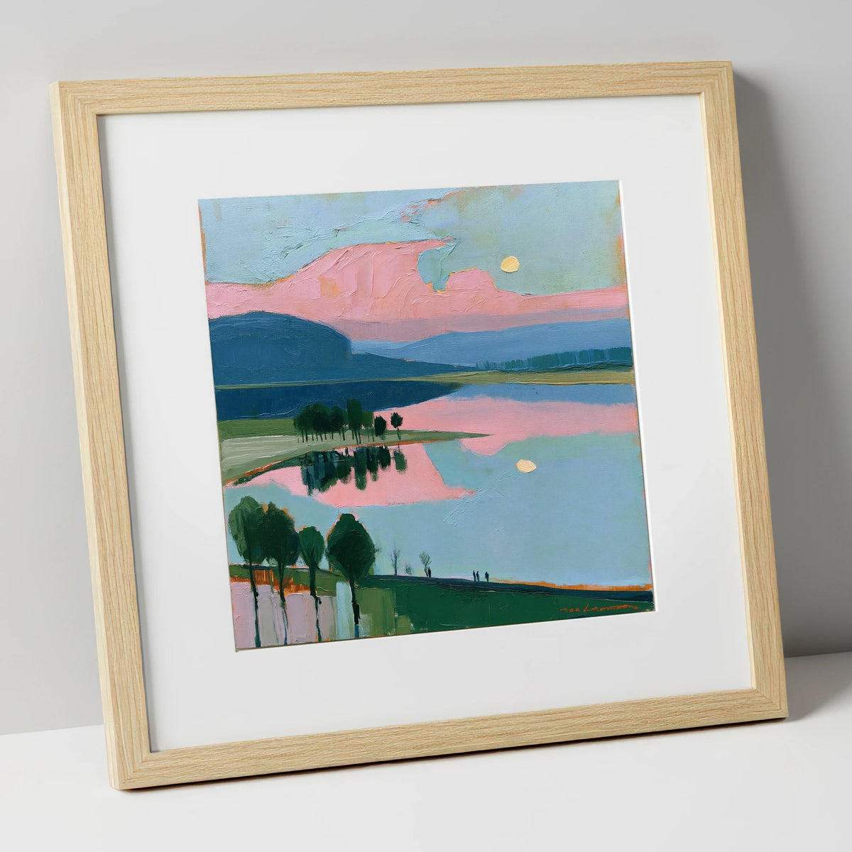 Blush Pink Lake at Dawn lake district lake art print in natural frame