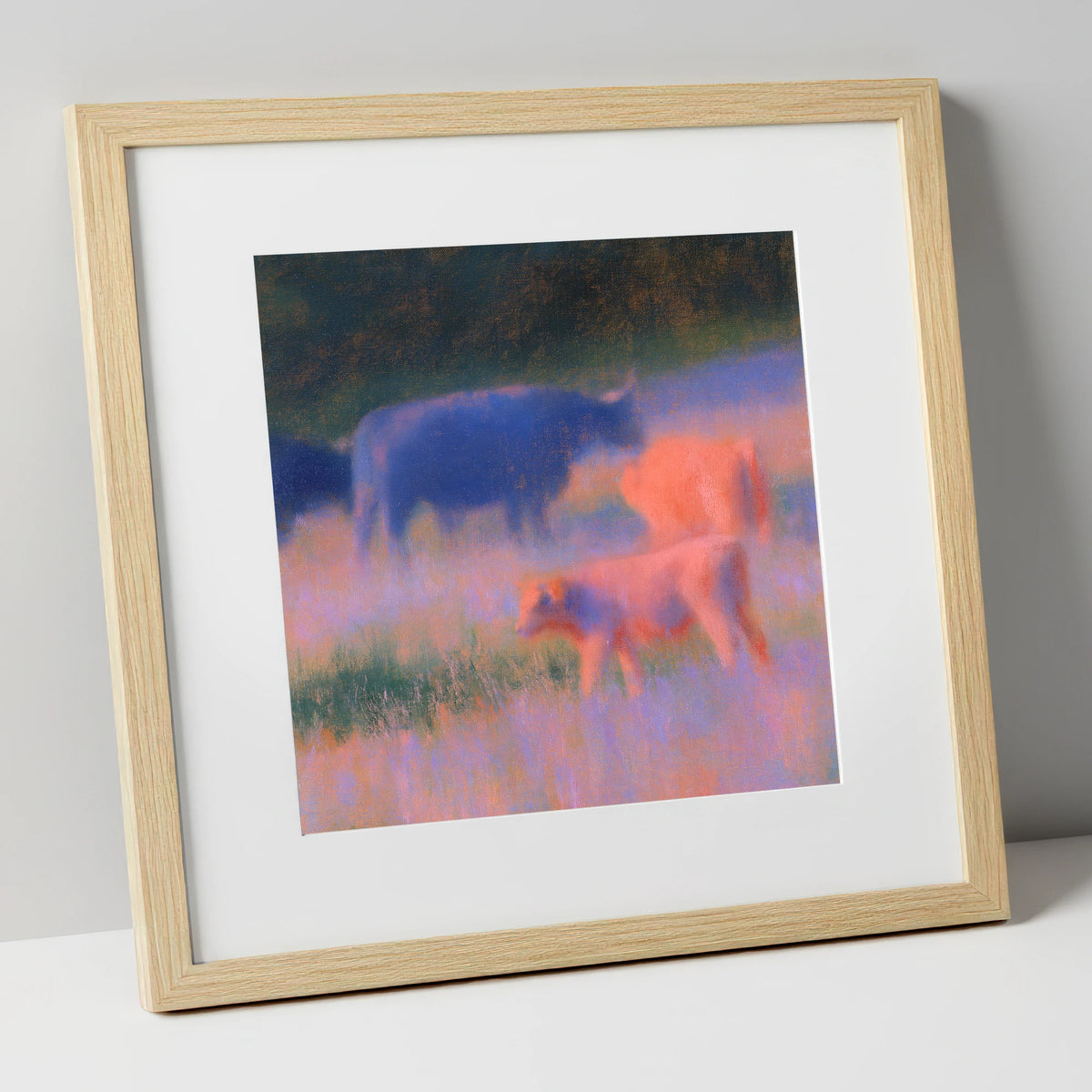 Highland Cattle in Twilight Haze lake district wildlife art print in natural frame