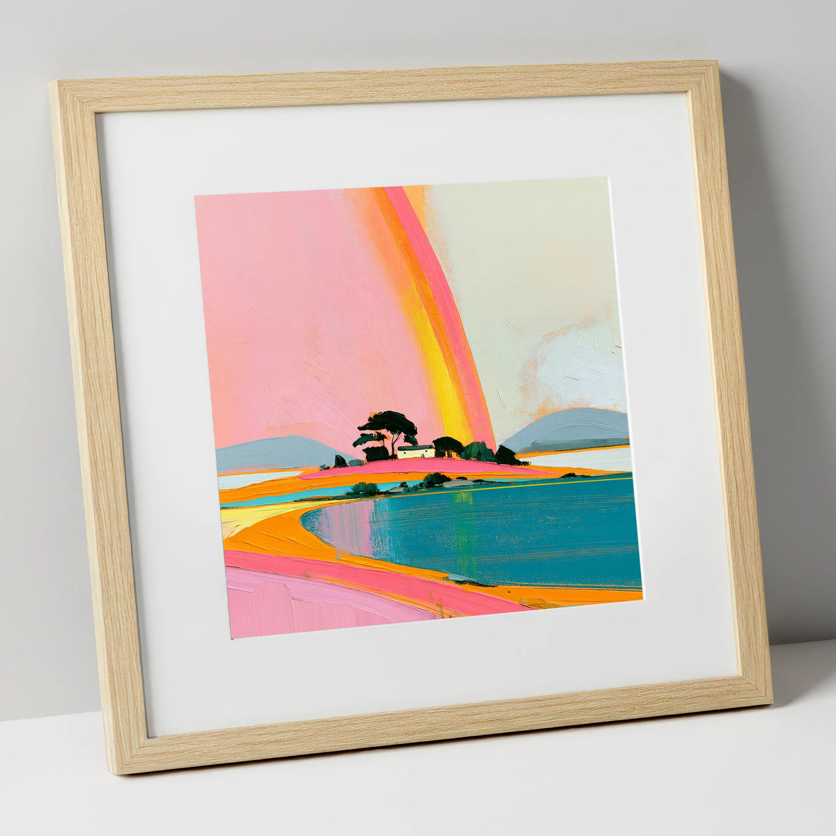 Bold Rainbow Over the Lake lake district sky art print in natural frame