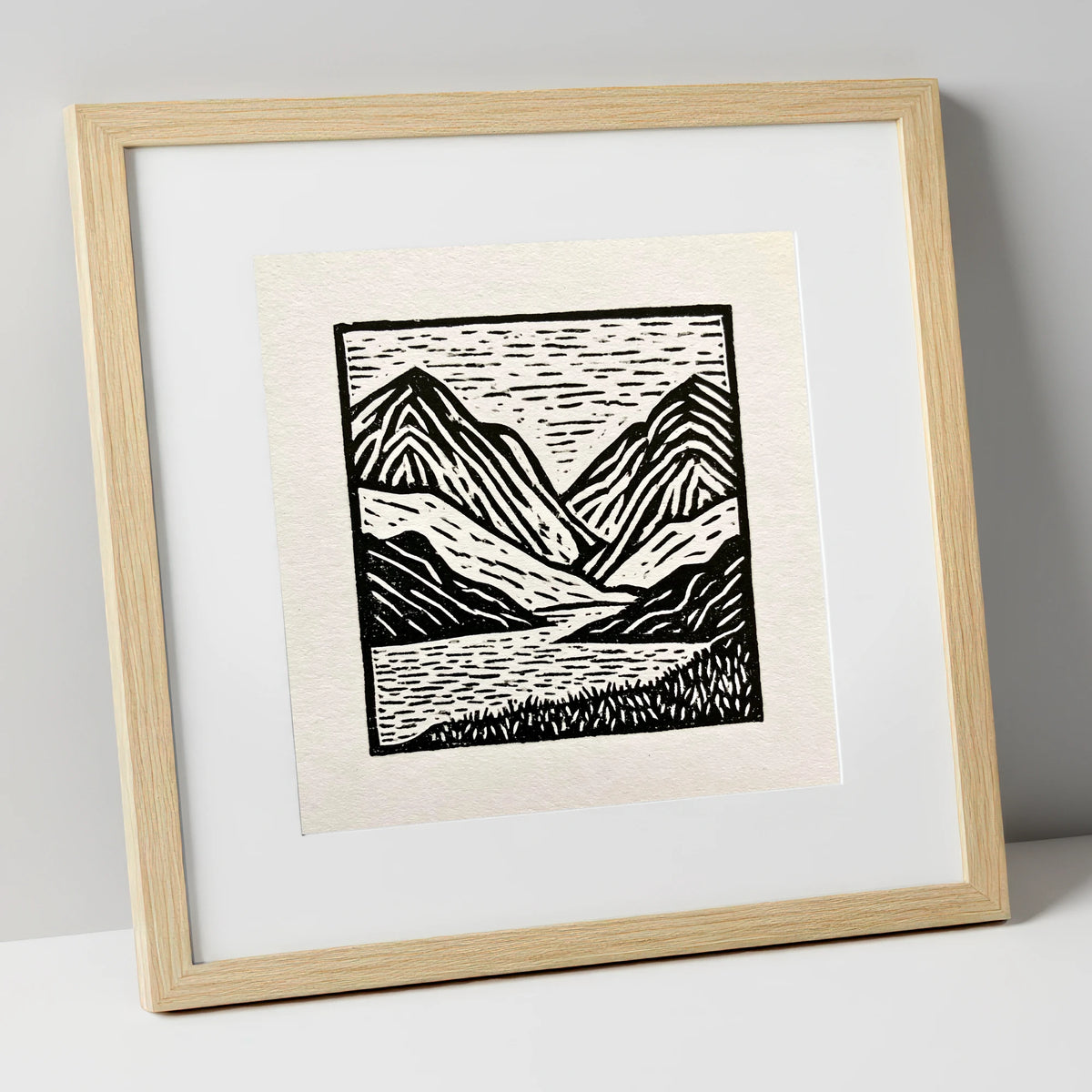 Lake and Fells in Monochrome lake district lake art print in natural frame