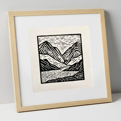 Lake and Fells in Monochrome lake district lake art print in natural frame